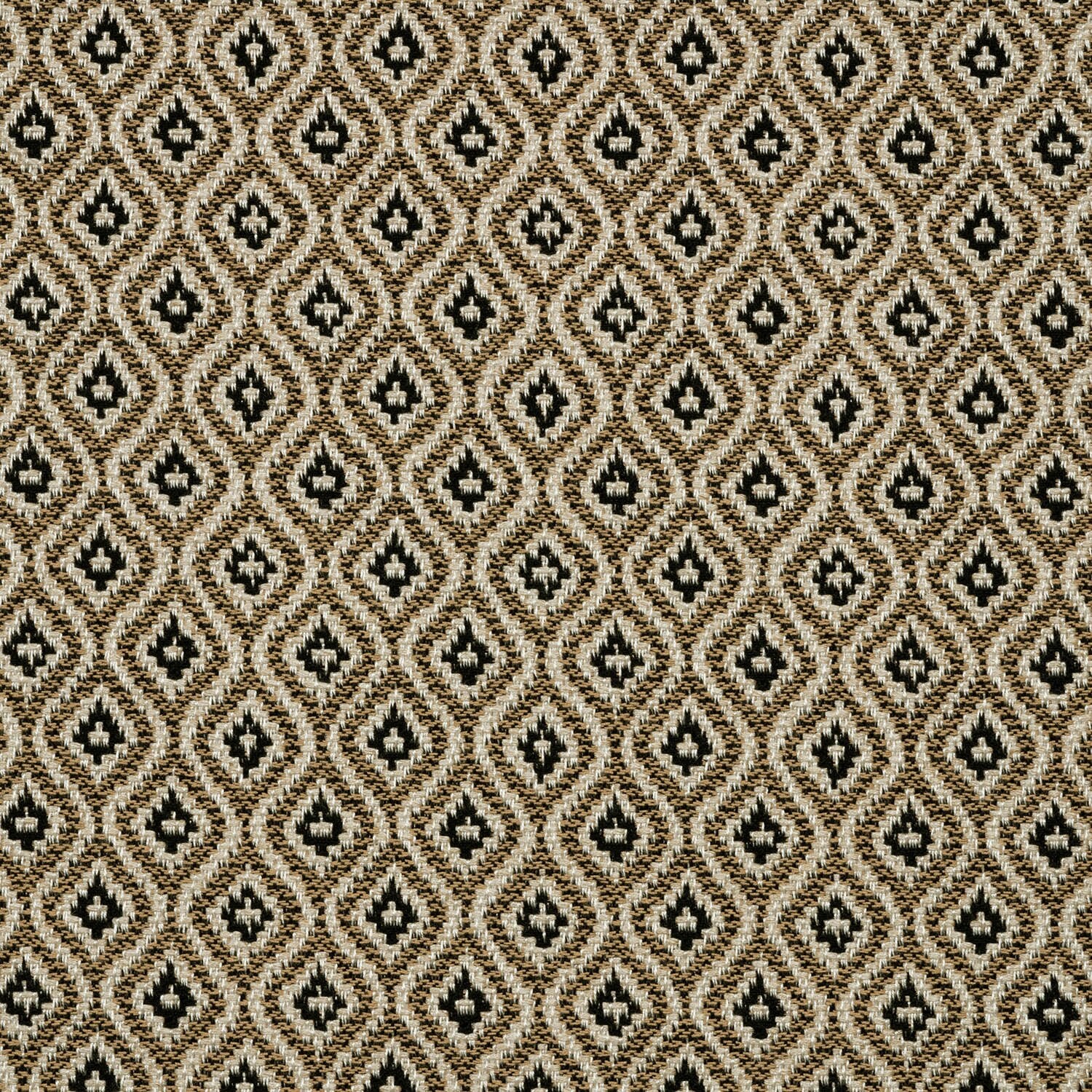 Patterned fabric with a geometric diamond design in black and beige.