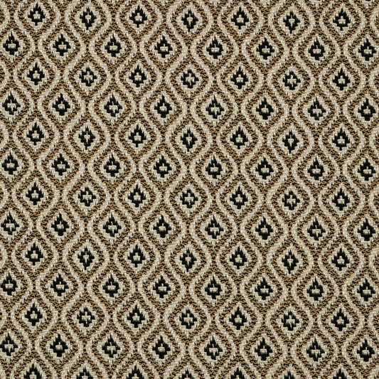 Patterned fabric with a geometric diamond design in black and beige.