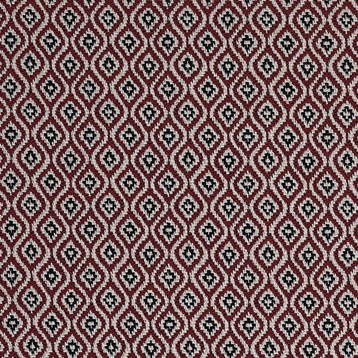 Patterned fabric with a geometric design on a red background