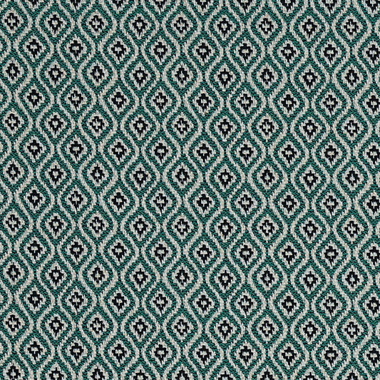 Patterned fabric with a geometric design in teal, black, and white.