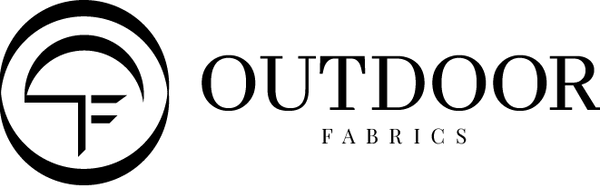A black logo for Outdoor Fabrics featuring an umbrella icon inside a circle next to the text 'OUTDOOR FABRICS' on a plain white background.
