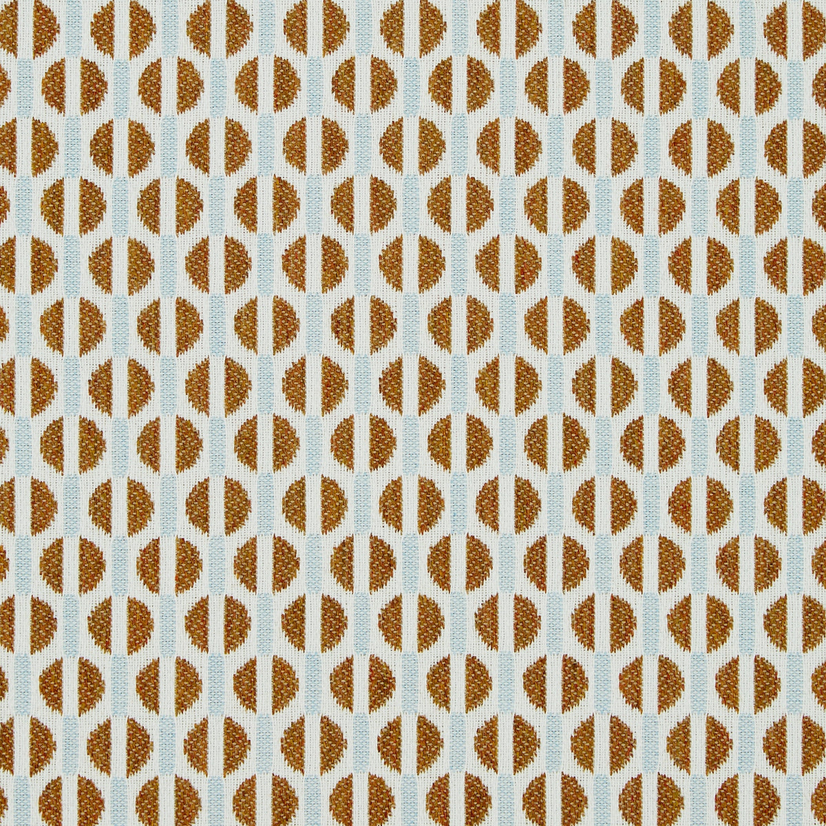 A close-up of a woven fabric pattern featuring repeating vertical columns of brown semicircles on a light blue background.
