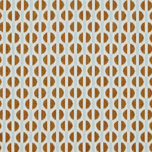 A close-up of a woven fabric pattern featuring repeating vertical columns of brown semicircles on a light blue background.