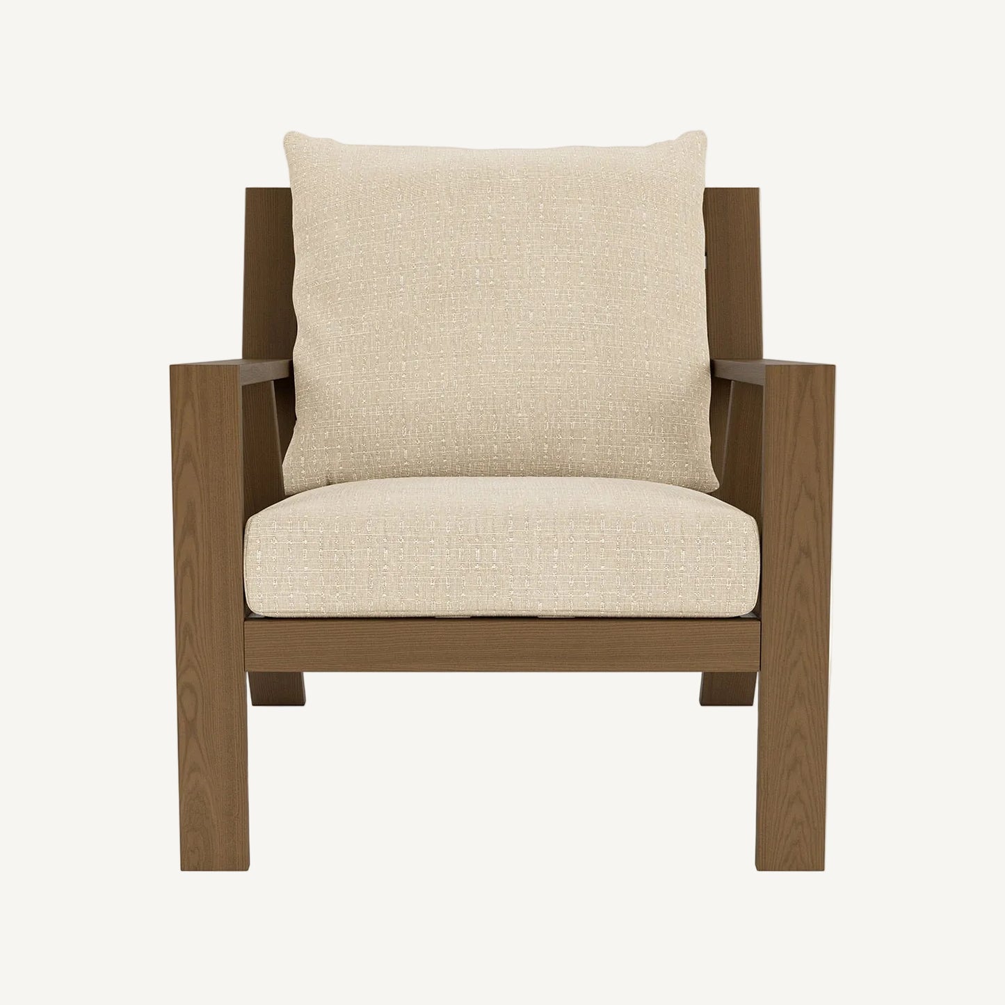 Chair with wooden frame and beige cushion on a white background