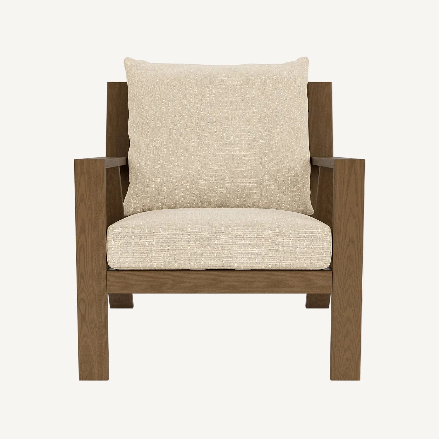Chair with wooden frame and beige cushion on a white background