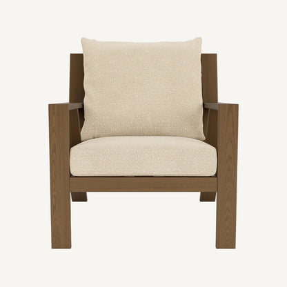 Chair with wooden frame and beige cushion on a white background