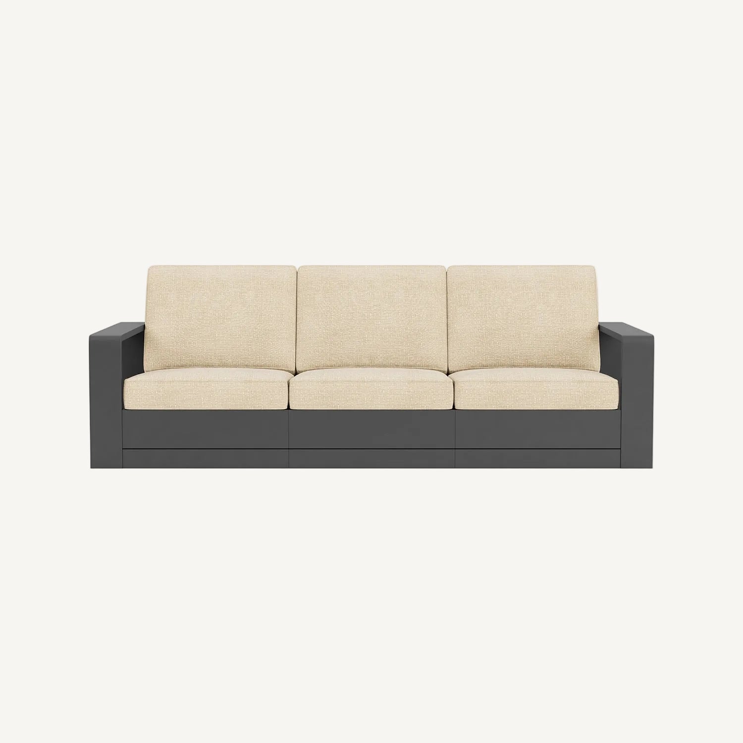 Beige sofa with black frame on a white background