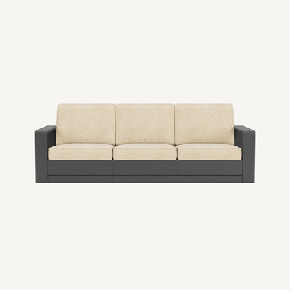 Beige sofa with black frame on a white background