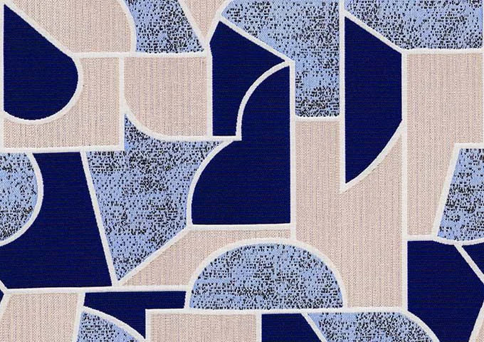Geometric pattern with blue and beige shapes on a textured fabric background