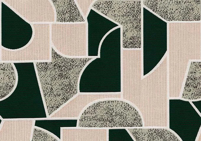 Patterned fabric with geometric shapes in green, beige, and gray.