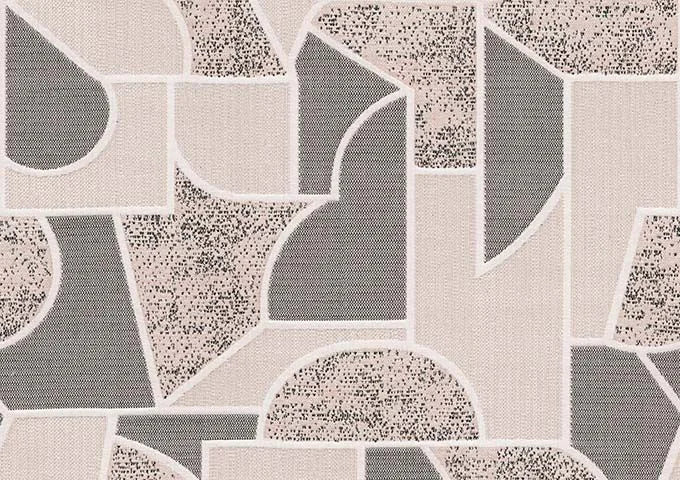 Geometric patterned rug with circular and square shapes in neutral colors