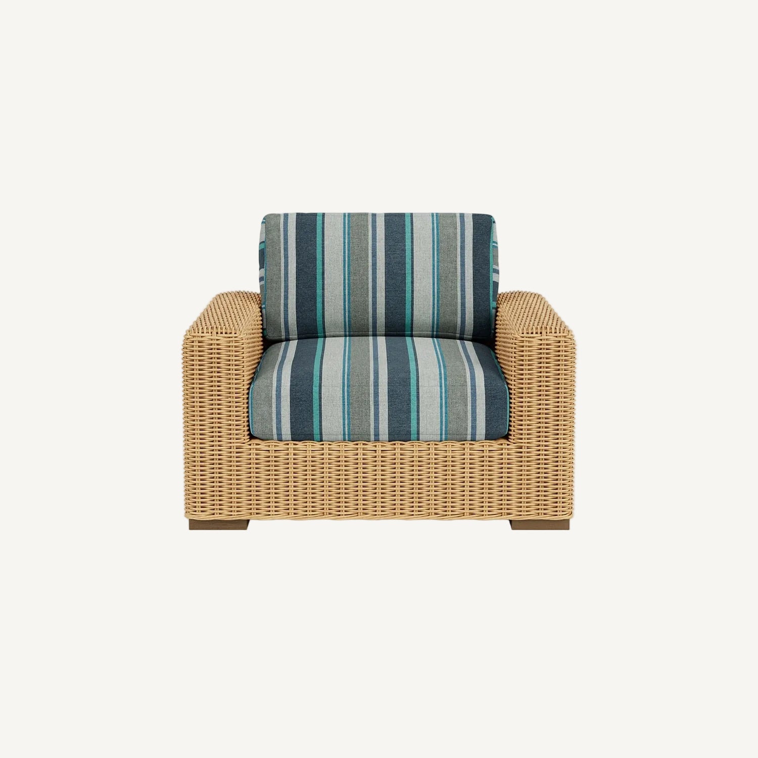 Wicker armchair with striped cushions on a white background