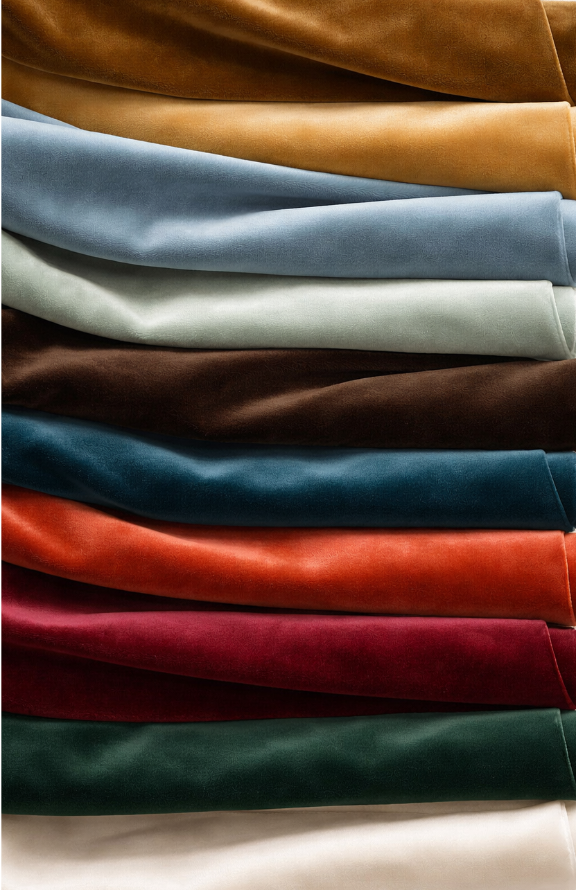 Row of folded fabric swatches in various colors on a neutral background