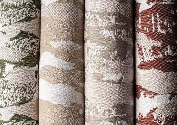 Four fabric swatches with different patterns and colors.